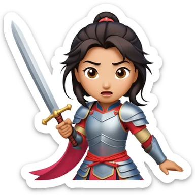 Cinematic Funny Mulan Portrait Emoji, Wearing her training armor too big, looking surprised as a sword nearly topples her over, a mix of warrior determination and hilarious inexperience, a comical yet endearing moment in her transformation! sticker