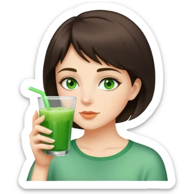brunette girl with short hair and green eyes drinks green drink sticker