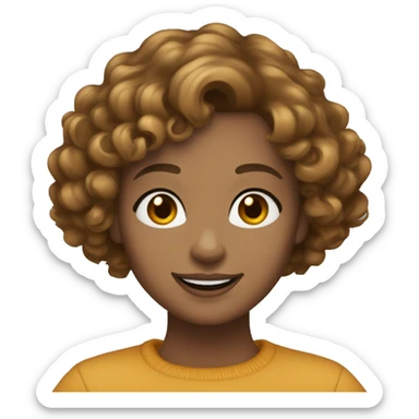 Women with a curly light brown bob, friendly smile, small to medium brown eyes, round face, small gold hoop earings sticker