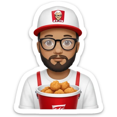 BBNO$ rapper sitting in a KFC bucket, glasses, beard, snapback cap sticker