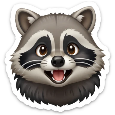 Cinematic-Cute-Yawning-Raccoon-Portrait-Emoji – Head tilted slightly with a dramatic, wide-open yawn, revealing a soft grey and black fur with a striped bushy tail, round brown eyes barely open in drowsy curiosity zoome out to show shoulders sticker
