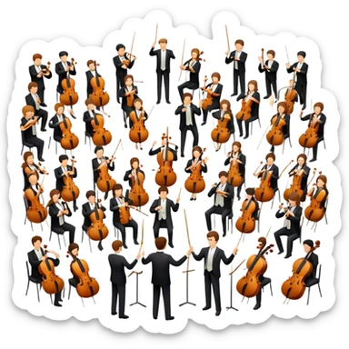 Icon for Classical Music: symphonic orchestra with musicians playing violins, cellos, and flutes, led by a conductor with a baton. Transparent background. sticker