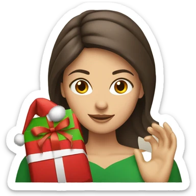 Brunette white woman is wrapping x-mas gifts sticker