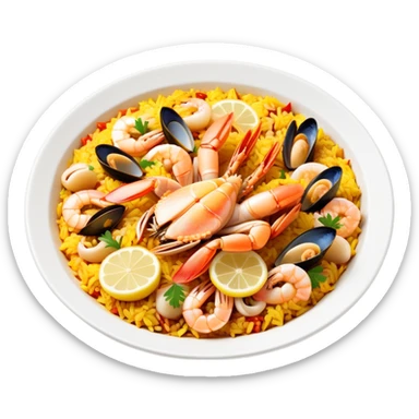 cinematic-realistic-paella-dish-emoji,-depicted-as-a-vibrant,-aromatic-rice-dish-loaded-with-seafood,-chicken,-and-saffron-rendered-with-rich-textures-and-dynamic,-warm-lighting with a lemon slice in the middle sticker