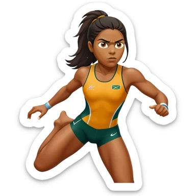 Cinematic Realistic portrait of Cathy Freeman, shown as an iconic Australian athlete with a focused, determined expression and modern athletic attire accented with subtle native motifs, rendered in dynamic, vibrant lighting sticker