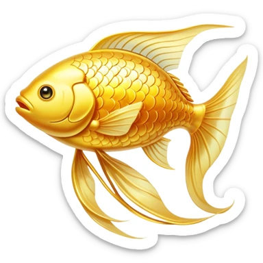 Mystical golden fish flowing in an omega shape, with its body transforming into streams of radiant energy that connect to a brain, heart, and joints. The fish appears magical and ethereal, with glowing scales and a luminous aura representing the essential nutrients of omega-3. sticker