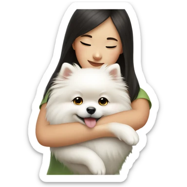 Chinese girl hug white Pomeranian sticker