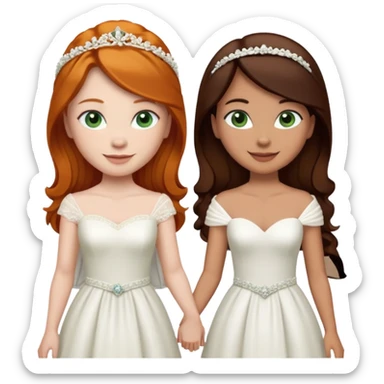 A ginger woman with blue eyes, marrying a taller woman with very dark brown hair and green eyes, both in wedding dresses. sticker