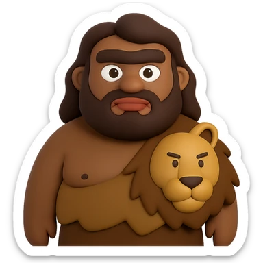 Make the caveman chunkier, give him a unibrow, darker skin, and clothing made out of lion skin. The original style is 3D emoji style, but since it does not support editing, please keep the look as close as possible to 3D emoji style while making these changes. Remove the background. sticker