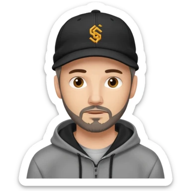 Hombre de ojos claros, con barba fina y perilla, gorra negra bordada, y sudadera gris. Expresión relajada y estilo urbano. sticker