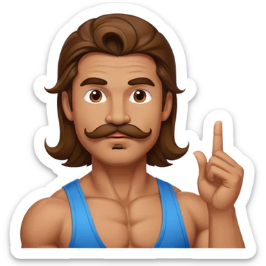 super jacked guy with long hair and a mustache blowing a kiss sticker