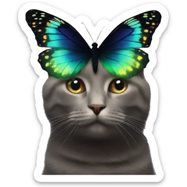 Dark iridescent butterfly glowing on top of cats head  sticker