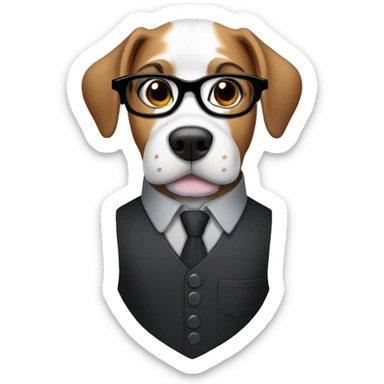 A dog wearing glasses, a black button up shirt and a dark grey vest  sticker