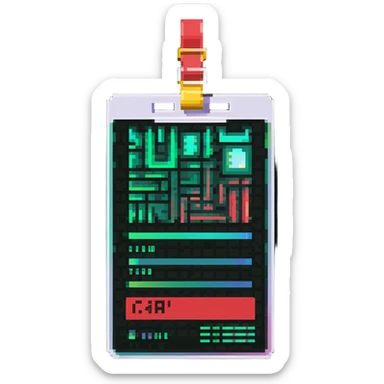 Member ID card with green to red gradient holographic effect and pixel art design sticker