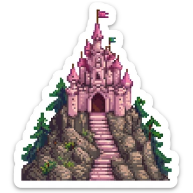 majestic and beautiful pink castle on top of a high mountain, pixel art emoji style, cute and detailed, bright colors, fantasy atmosphere sticker