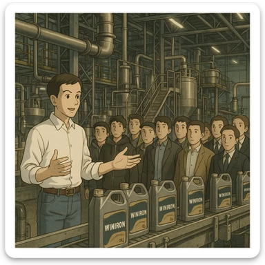 “Create a realistic industrial scene inside a modern motor-oil factory. The image must be in Instagram post size: 1080×1080 pixels, 1:1 ratio.

In the foreground, the factory director is introducing the facility. He is slightly slim, short hair, wearing a clean white men’s shirt and blue jeans, elegant appearance, using hand gestures while explaining.

In front of him, 10–12 male visitors listen attentively; they wear mixed clothing: some streetwear, some casual, some classic suits.

Background shows real production equipment, pipelines, steel structures, and conveyor lines used in motor-oil manufacturing. Use ONLY original Winiron canister design, no other brands. No label changes.

Cinematic lighting, premium look, realistic industrial atmosphere, sharp details, high-quality composition.” sticker