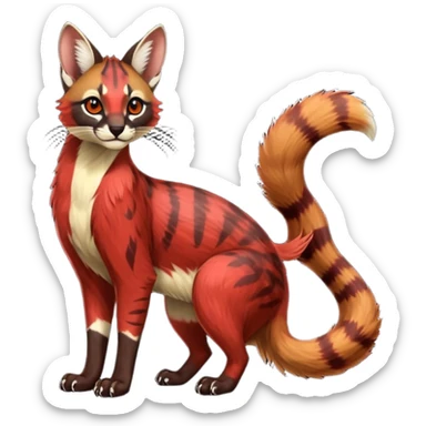 Vibrant-colored red-dark-brownish-furred colorful painted marked patterned Asian glorious divine exotic cute cool beautiful shiny beautiful fantasy-caracal-civet-genet-sergal-vernid-Cacomistle-oncilla-animal-Fakémon-hybrid-fursona (full body) sticker