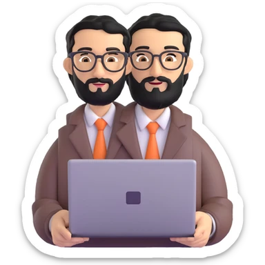 man with medium black beard, black hair, connected unibrow, olive tan skin, brown eyes, glasses, prominent long nose, wearing casual business attire, holding a laptop sticker