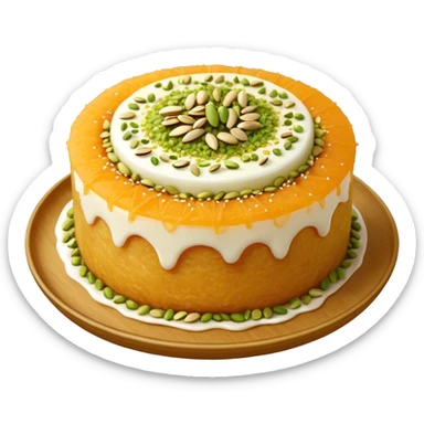 A small round emoji of traditional kanafeh with golden-orange crispy threads, a gooey white cheese center, and a light sprinkle of green pistachios. Warm and delicious-looking. sticker