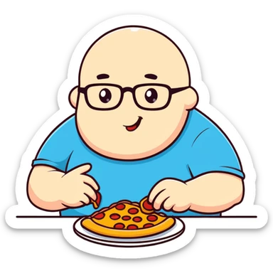 very fat bald man with glasses eating pizza sticker