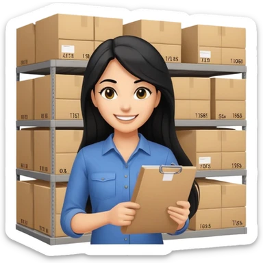 A smiling female middle-aged warehouse manager with black eyes and long black hair, holding an inventory list，without background sticker