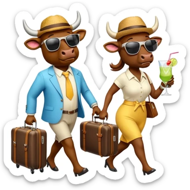 generate an emoji of a group of up to 8 male and female bulls travelling together on holidays. One bull has a suitcase, one has sunglasses, one is carrying a cocktail. They're all in motion, walking together. Make the characters look like bulls. They wear summer clothes sticker
