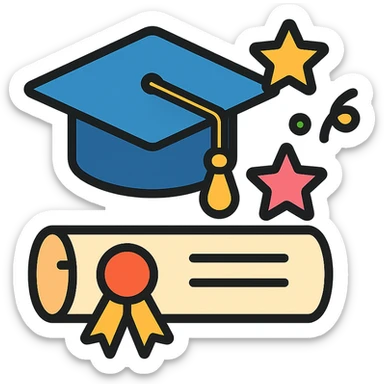 graduation cap and certificate together, celebratory style, colorful and festive color outline icon sticker