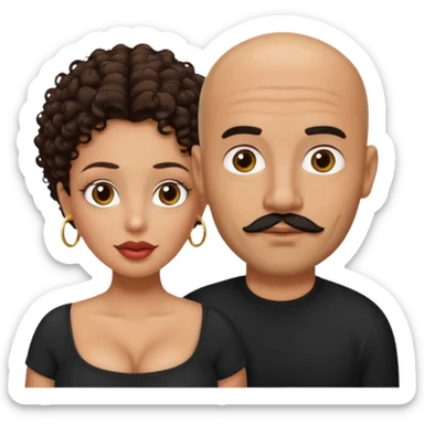 A picture of a tanned couple. the man is a Mexican man with tanned skin, black hair, a bald hair cut, short beard and wearing a black shirt. the woman is mixed, with curly medium length hair, with big boobs and lips  sticker