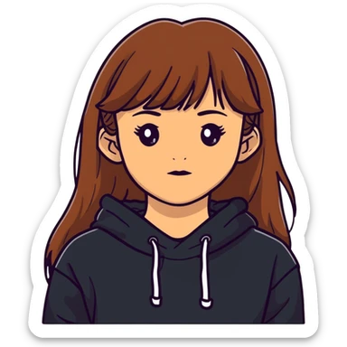 Light skinned girl with brown eyes, long brown hair with bangs, wearing a black sweatshirt sticker