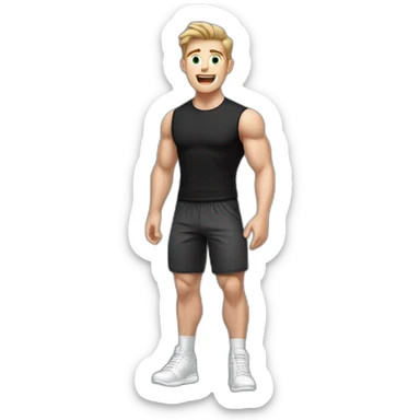 amazed Open with surprise mouth Pale skinned Fit Man With the biceps and dark brown hair in black shirt, gray sports shorts and white Sneakers sticker