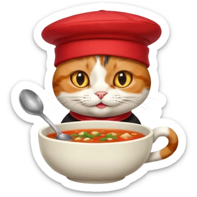 a cat with a hat eating soup sticker