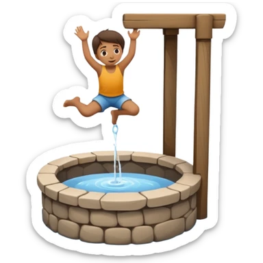 Create a clean emoji-style icon showing a small child falling into a round stone water well. The well must be clearly recognizable: circular stone rim, dark opening. Show the child mid-air, tilted downward above the well with simple motion lines. sticker