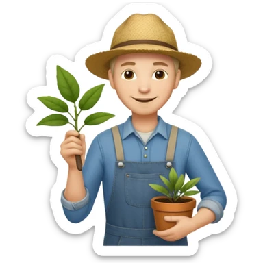Adult male, light skin, friendly smile, casual farm-style clothes, relaxed posture, holding a plant or small tool, approachable, completely unique from other male roles sticker