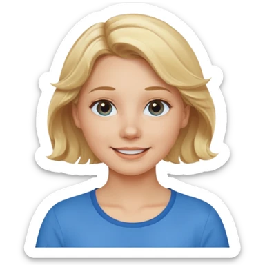 Happy blond girl with light weavy hair with a blue shirt but we can see only her face and neck and the top of the t shirt, no whole body sticker