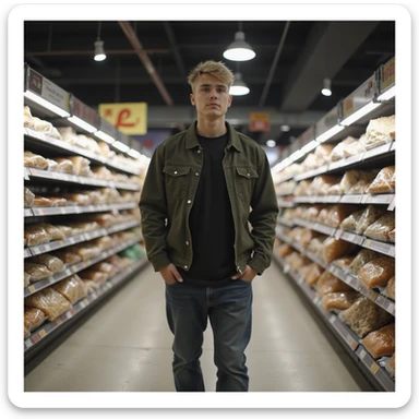 Justin Bieber in a supermarket aisle, casual clothes, photorealistic style sticker