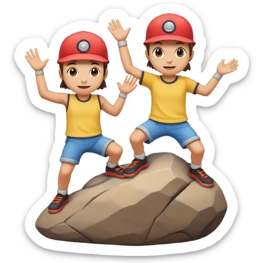 Two Pokémon characters working together — one is helping the other climb onto a small rock. Both look joyful and kind, with a bright, cheerful cartoon emoji style. sticker