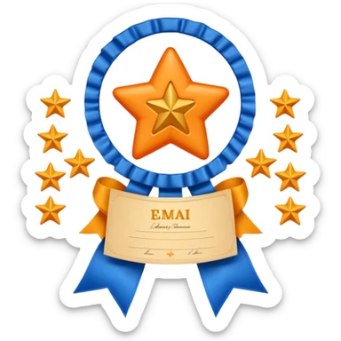 Create a glossy 3D certificate emoji with a cream diploma, rounded corners, a blue ribbon seal, orange tails, and an embossed star. sticker
