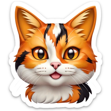 Cinematic Comical Calico Cat Portrait Emoji, Head tilted dramatically with an exaggeratedly surprised expression, showcasing a vibrant patchwork fur of orange, black, and white with wide, comically expressive eyes, simplified yet hilariously detailed, glowing with a sassy, golden radiance, high shine, exuding playful mischief and cheeky feline attitude, styled with a soft glowing outline, capturing the essence of a calico cat that looks ready to leap off the screen with mischievous flair! sticker