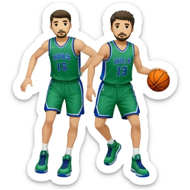 Full Body white male basketball player with short dark shaggy hair and goatee wearing green and blue uniform sticker