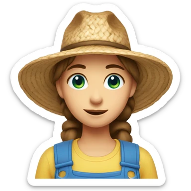 farmer girl with blue eyes, brown hair, with a straw hat, ponytail, holding greens sticker