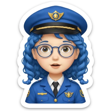 scout girl baby with uniform including the hat,  little with glassess and long curly blue hair sticker