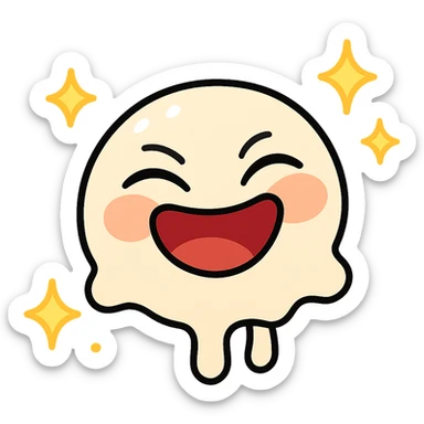 Create an animated version of the emoji with a joyful and laughing expression, eyes squinting and mouth wide open in a smile, with a sparkling effect around the face. The style should be simple and expressive. The background should be transparent. sticker