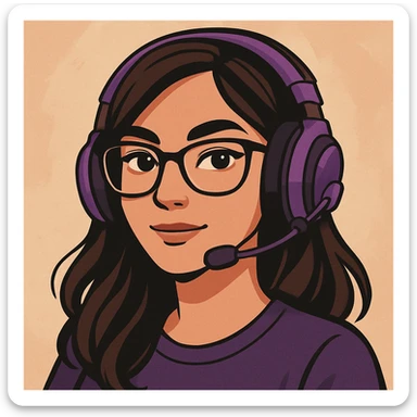 female brunette wearing glasses and a purple gaming headset, modern illustration style sticker