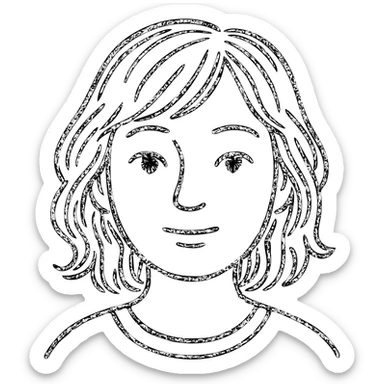 portrait of an Asian girl with medium brown wavy hair and brown eyes, paler skin tone, hand drawn outlined style sticker