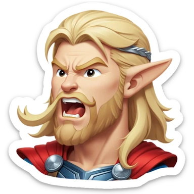 Cinematic Realistic Thor Portrait, head tilted slightly with a dramatic, wide-open yawn, revealing a relaxed yet powerful presence. The natural interplay of light accentuates his muscular contours and tender expression, balancing his legendary might with an unexpectedly human moment of repose. sticker