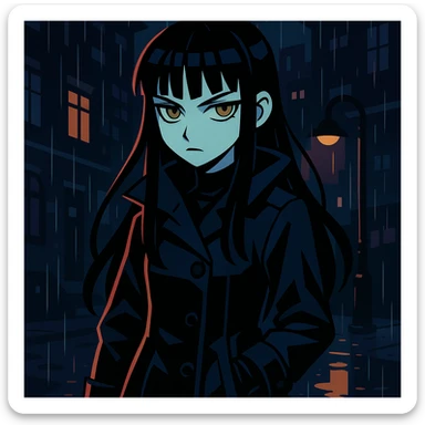 gothic shoujo anime girl named EchoMoon, long black hair, sharp bangs, pale skin, amber green eyes, cold expression, dark raincoat, gloves, standing in rainy urban setting, dramatic lighting, ultra-detailed, moody, dark palette sticker
