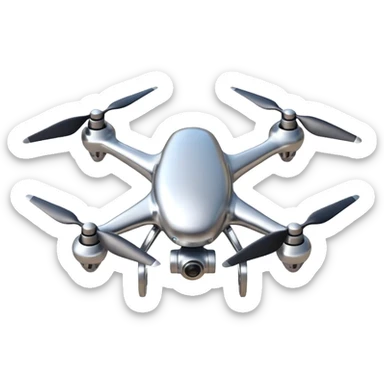 A futuristic drone emoji made of polished silver chrome, smooth rounded body, minimal propellers, reflective metallic surface, soft studio lighting, iOS emoji style, centered, clean white background sticker