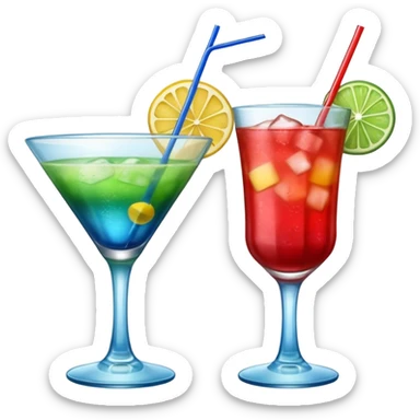Create two emoji of clear red blended yellow cocktail, cheers with blue blended green cocktail, without any fruit, without skewers, without tube sticker