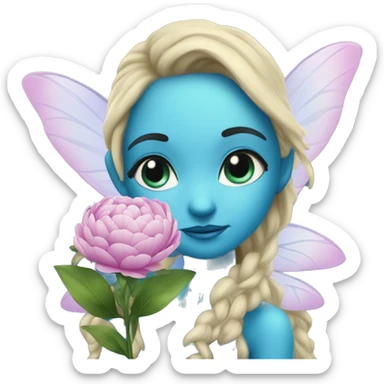 A fairy smells a blue blue glittery flower that looks like a peony sticker