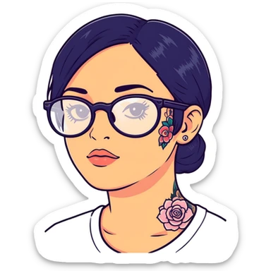 young girl with face tattoos wearing glasses and black hair sticker